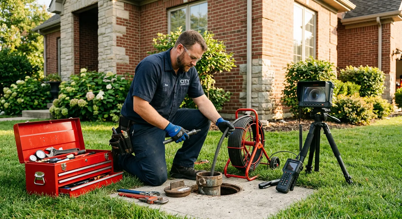 Sewer specialist with camera equipment servicing a cleanout in Belterra