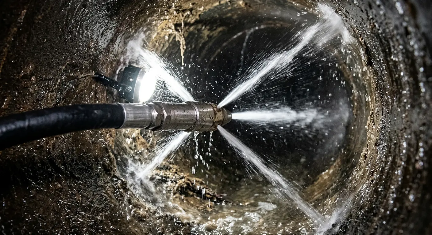 High-pressure hydro jetting nozzle cleaning sewer pipe for Emergency Drain Service in Belterra