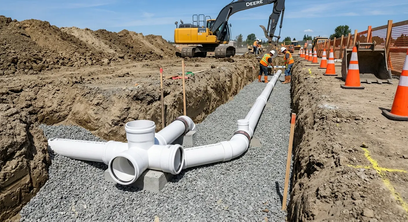 New PVC sewer pipe installation in open trench for Commercial Drain Cleaning in Belterra