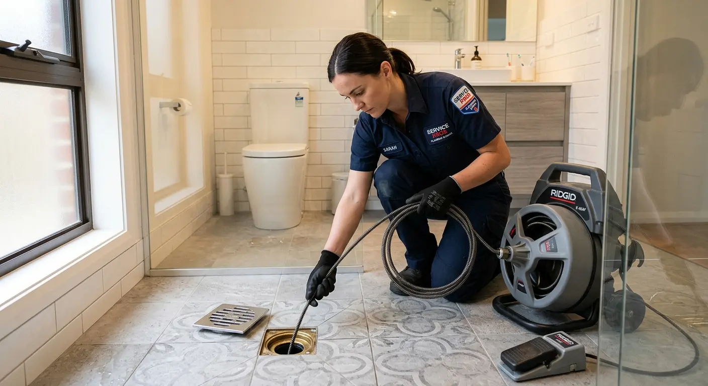 Technician clearing a bathroom floor drain for Drain Repair in Belterra